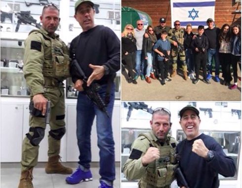 Jerry Seinfeld poses for photos with trainers at a "counter-terror fantasy camp" in an Israeli settlement in the West Bank. | Photo: Twitter / @EricThurm